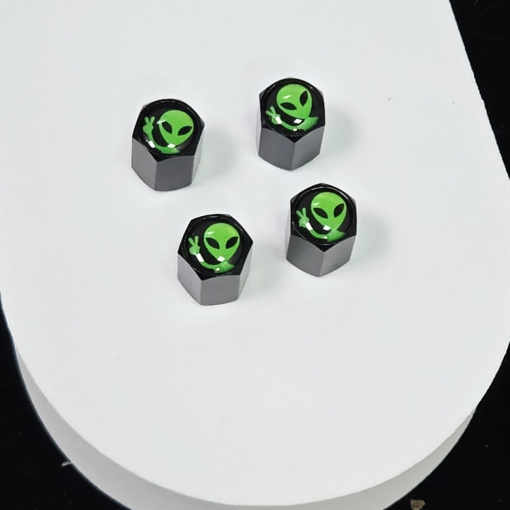 “I Come in Peace” 👽 Alien Tire Valve Caps 4-Pack Neon Green Car Accessories NWT